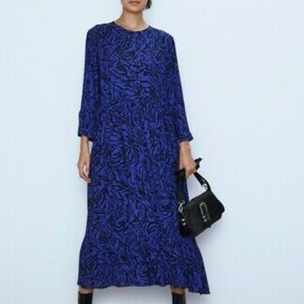 zara blue zebra print midi dress